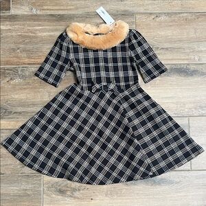 Janie and Jack Black Plaid Dress with Faux Fur Collar
